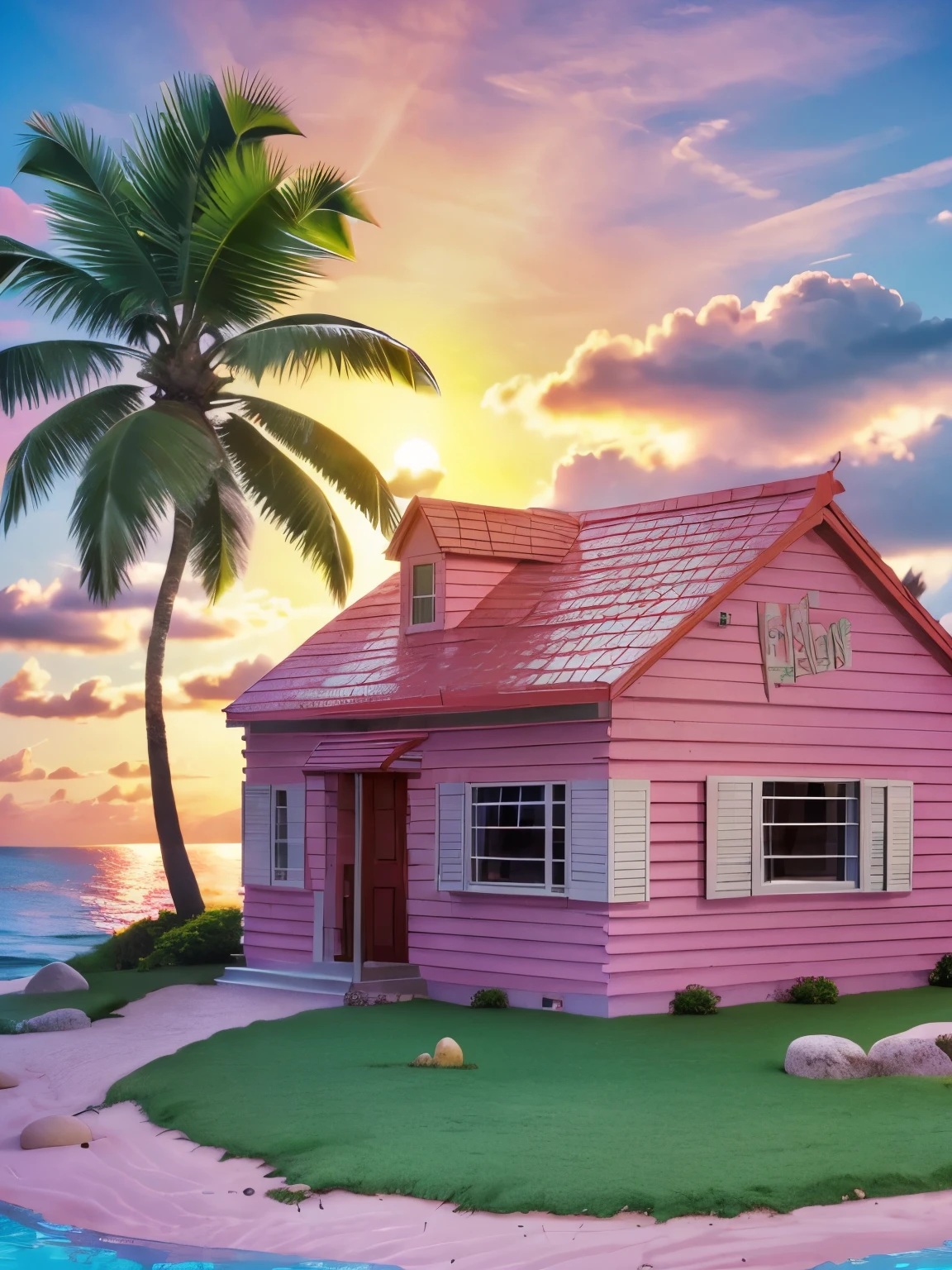 (masterpiece, best quality:1.2), professional lightings, cinematic lightings, 8k wallpaper, (ultra realistic & detailed exterior of Kame house, red open gable roof, pink painted wall), palm trees, island surrounded by aqua marine ocean, Kame house house built on green turf, small beach in front, on tiny & narrow island, cumulonimbus in blue sky, ((ultra realistic sunset scene, ultra detailed sunset atmosphere)),