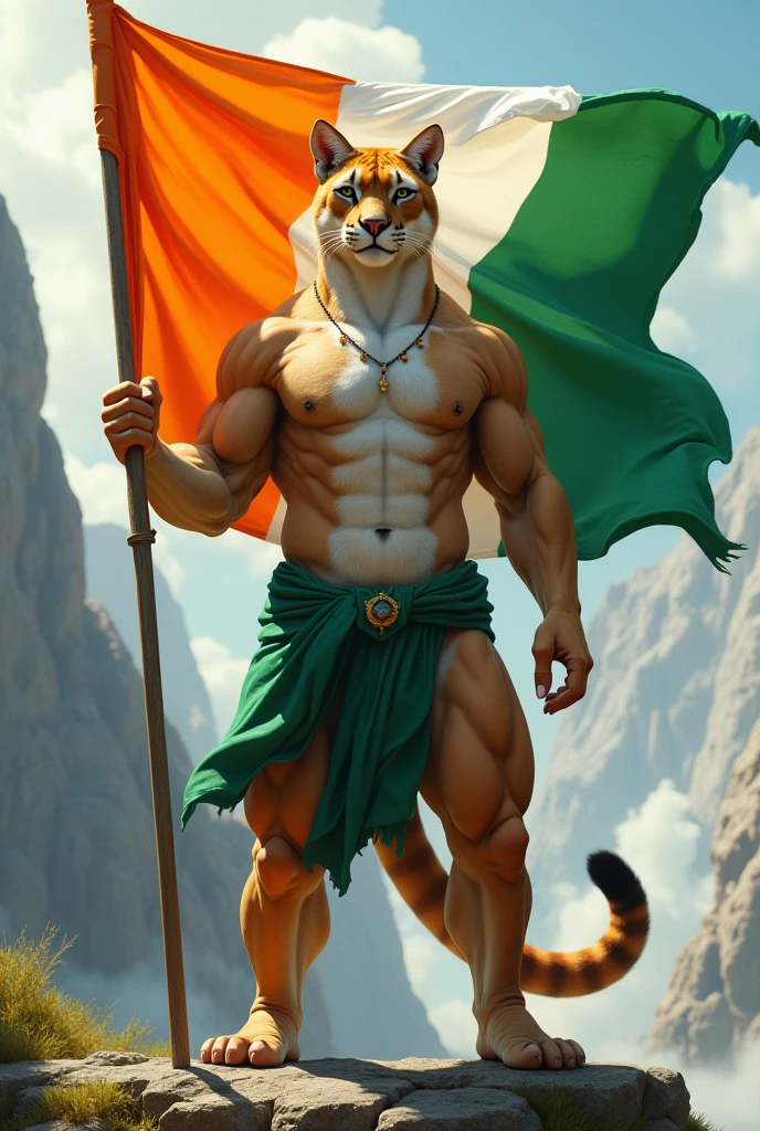 Generate me an image of a humanized puma, to hold a flag that first has the color orange, then green and finally white