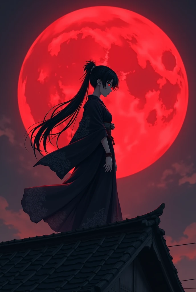 Long Black Hair、Hair tied up、15 years old、woman、kimono、The background is a large red crescent moon、On the roof of an old building、Too much exposure、Red eyes、Cold look、profile、Anime Style、Wearing a black haori、Belt around the waist、Looking this way