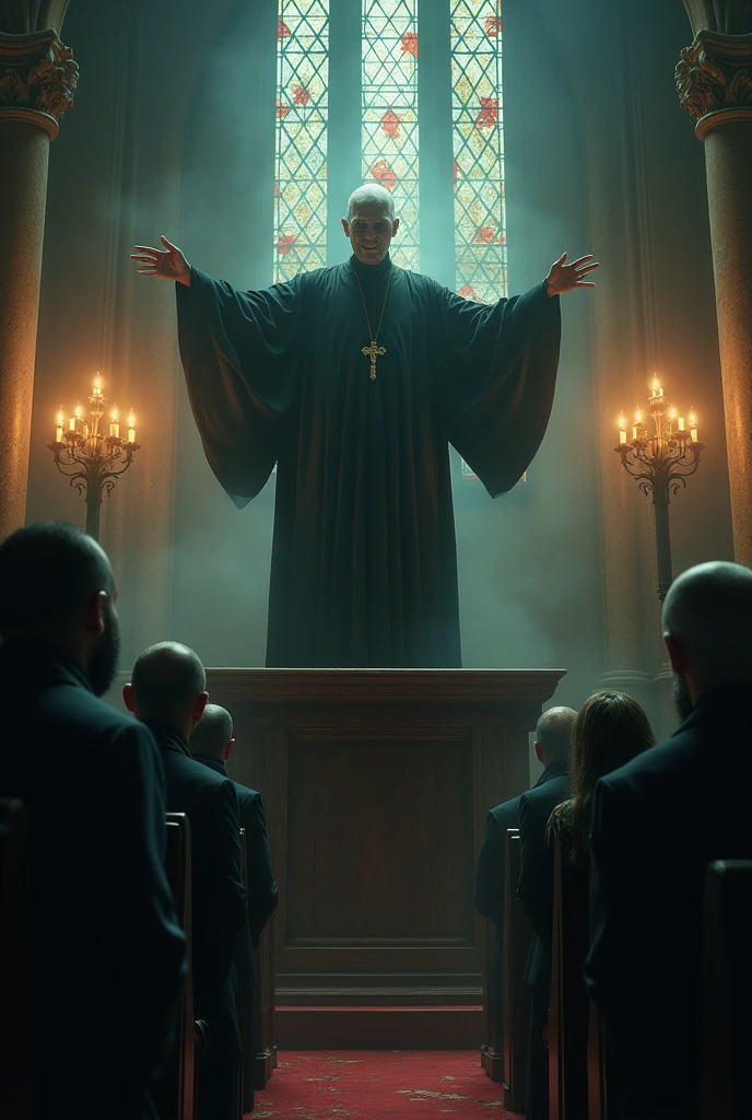 Make a preacher evil in a church by manipulating people's minds