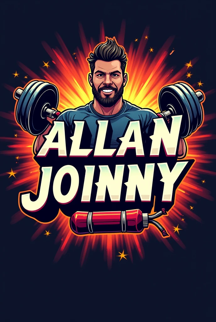 Logo with the name Allan Johnny featuring animated dumbbells and dynamite 