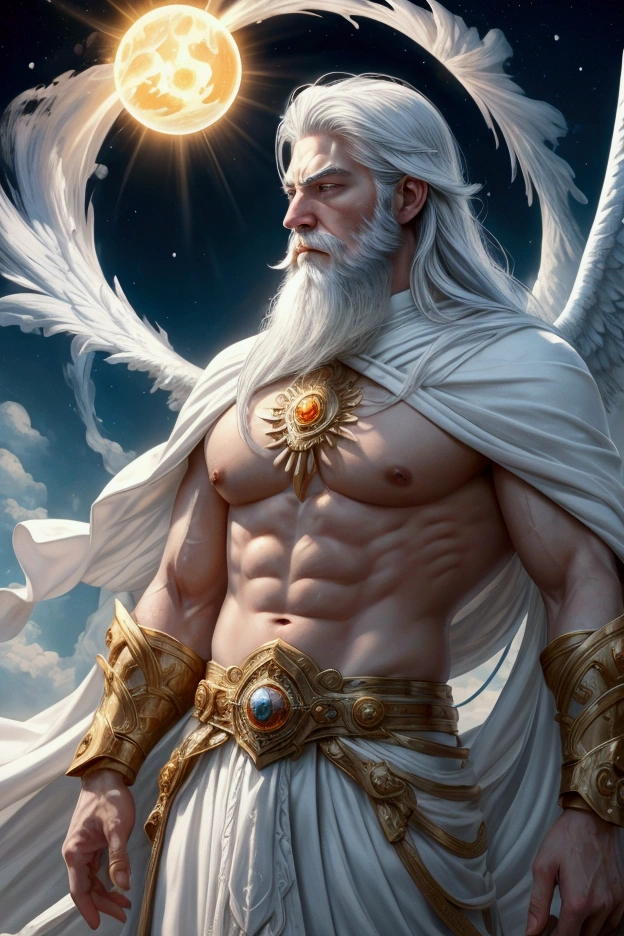 (best quality,ultra-detailed,Best illustration,Best shadow,masterpiece,high resolution,professional art,famous art)LORD of light and heavens, with his majestic power, exuding blue and orange rays around his body , skin white like albino, skin like white porcelain, strong and muscular, strong LORD with his white beard and long white hair, bright eyes like the sun and strong light, in profile with his belt of gold and precious stones, surrounded by white clouds, scenery of a sky full of angels and beings of light
