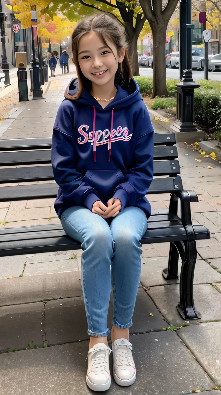 Super Resolution、Beautiful Caucasian Woman、１１Year old girl、Full body photo、sitting on a park bench、、necklace、hoodie、Skinny jeans、sneakers、、smile、Beautiful teeth alignment
