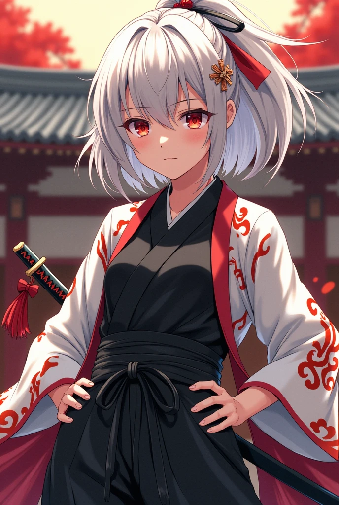 white long hair, red eyes, anime girl, black hakama pants, black shirt uniform, white modern belt, white long sleeve haori with fire patterns, katana on the hips, medium size chest, badass and intimidating, traditional Japanese background
