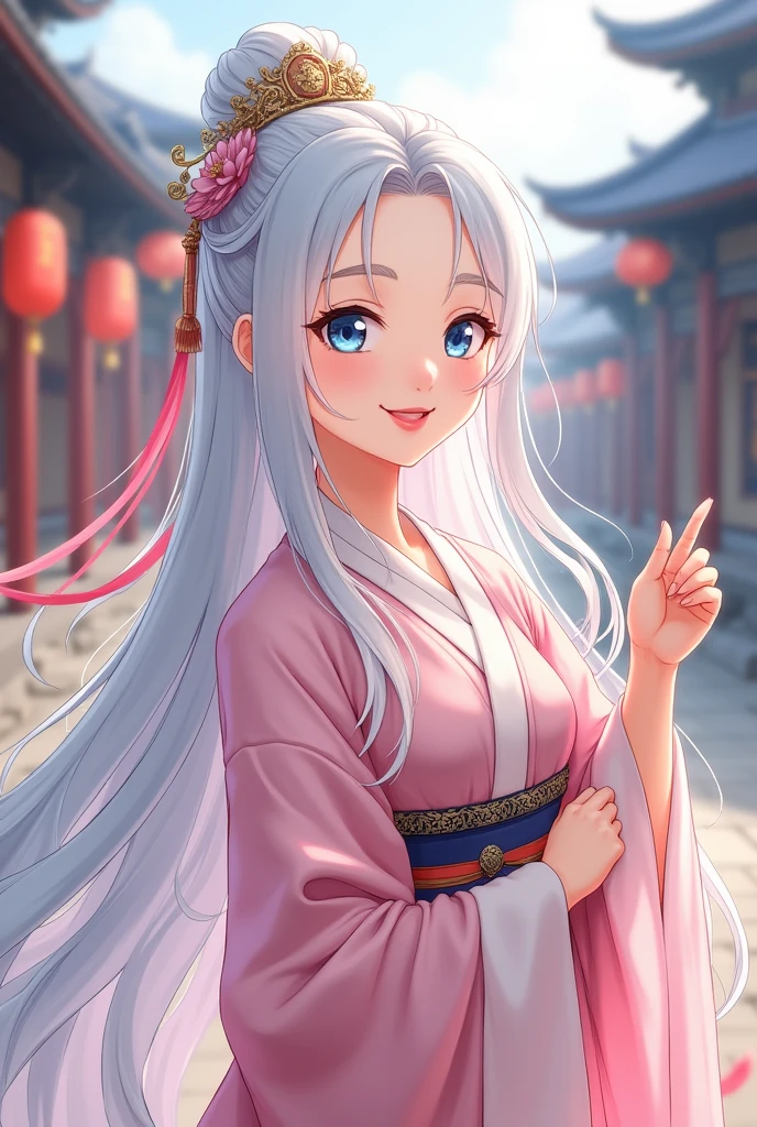 (Highest quality、 8k 、masterpiece、High resolution)、(Chinese Drama、Changgexing、Li Changge、Dililaba)、Tang Dynasty、Changan、1 Female、Beautiful young person、blue eyes、Pretty lips、Hairpin、(Noble Princess)、(Anime Beauty)、(Anime Art)、Smiling and posing happily、Bright atmosphere、Light colored long hair、Light pink Hanfu、古いChanganの街並み、Tang Dynasty Buildings、Tang Dynasty Buildings、Official Art、Detailed CG、