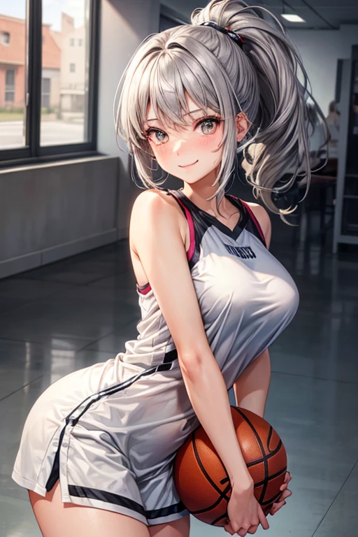 Make a 19 year old girl with messy grey hair with a ponytail, with a slight blush and a smile, medium breasted, dressed as a tight basketball player