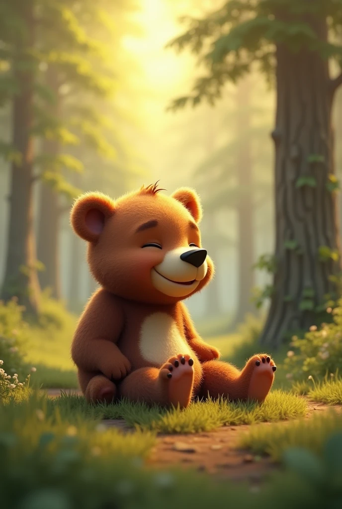 Animated cute baby bear smiling with his mouth closed and sleeping on his side in the forest with his eyes closed　Natural light　3d

