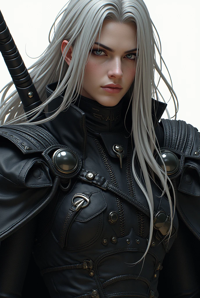 a close up of a person in a leather coat holding a sword, sephiroth, sephiroth from final fantasy, a photo of sephiroth, from final fantasy, in leather armor, fantasy leather clothing, final fantasy character, thancred waters in style of wlop, with a light leather armor, style of final + fantasy + 1 5
