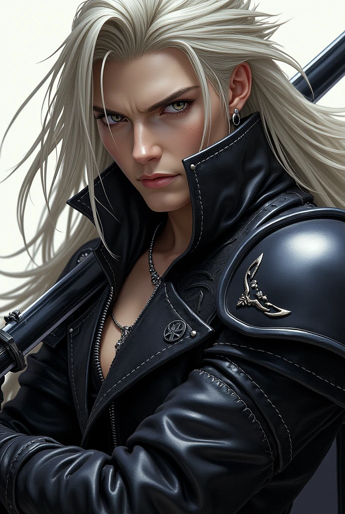 a close up of a person in a leather coat holding a sword, sephiroth, sephiroth from final fantasy, a photo of sephiroth, from final fantasy, in leather armor, fantasy leather clothing, final fantasy character, thancred waters in style of wlop, with a light leather armor, style of final + fantasy + 1 5