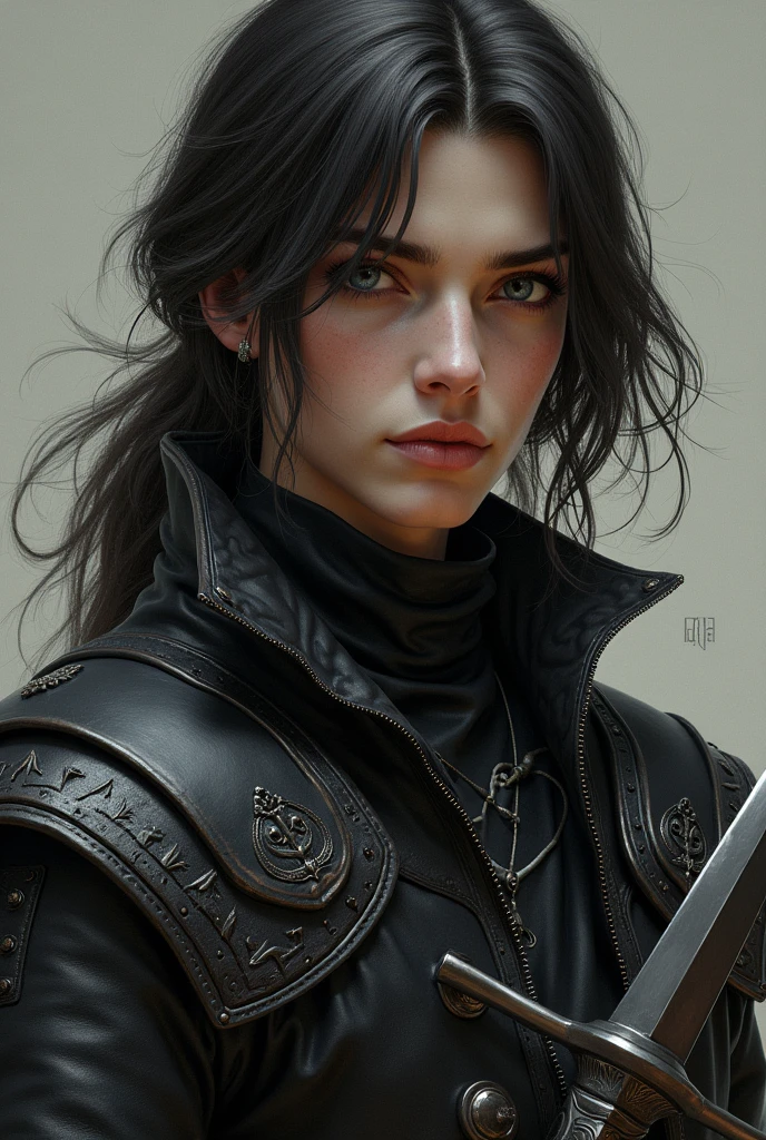 a close up of a person in a leather coat holding a sword, a character portrait inspired by Andor Basch, trending on cgsociety, renaissance, sephiroth, sephiroth from final fantasy, a photo of sephiroth, from final fantasy, in leather armor, fantasy leather clothing, final fantasy character, thancred waters in style of wlop