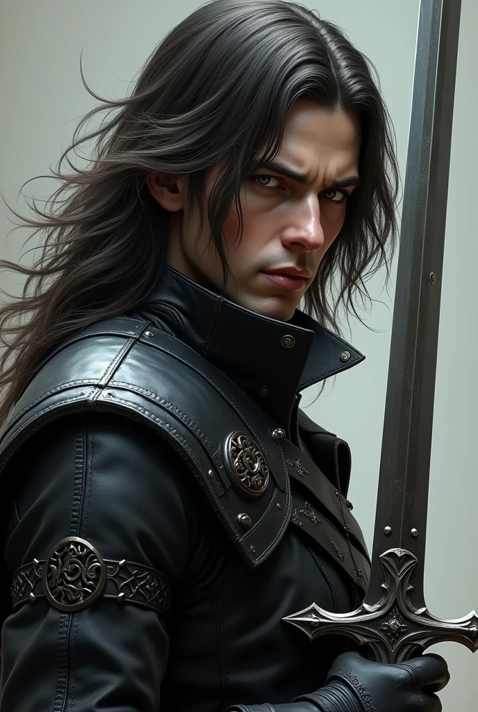 a close up of a person in a leather coat holding a sword, a character portrait inspired by Andor Basch, trending on cgsociety, renaissance, sephiroth, sephiroth from final fantasy, a photo of sephiroth, from final fantasy, in leather armor, fantasy leather clothing, final fantasy character, thancred waters in style of wlop