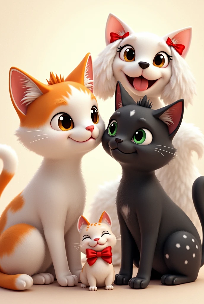 A white cat with orange spots and brown eyes, a black cat with green eyes, a black baby cat with white spots and a black mask with a black spot on its nose, a curly white dog with red bows