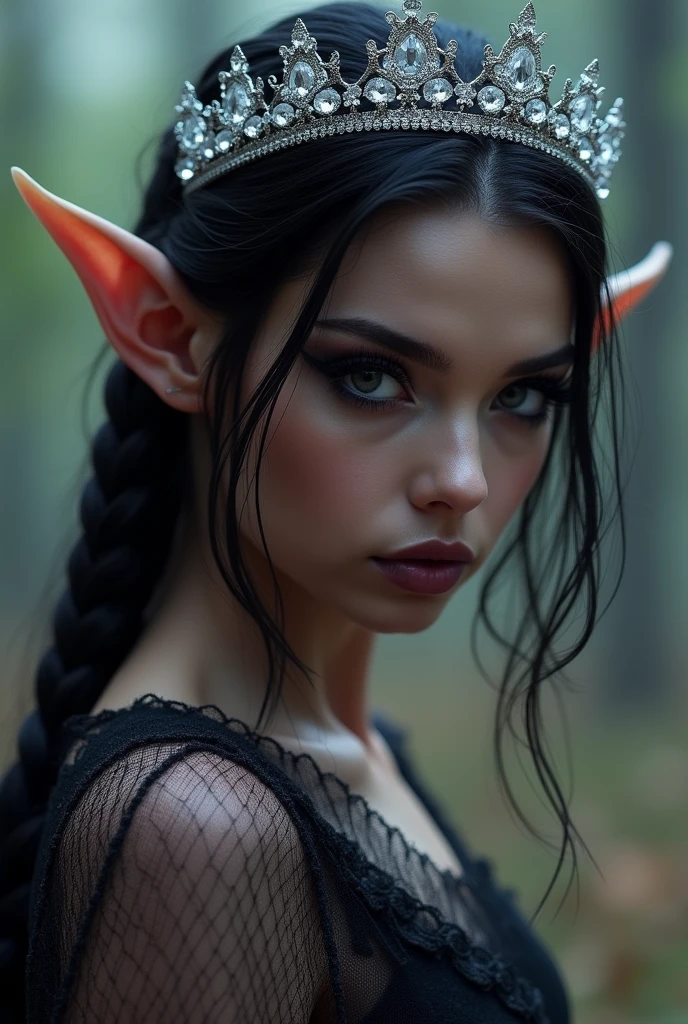 elf queen in seductive provocative pose, shiny skin and tits{"perfect face"( dark purple_skin)(pointing ears:1.3)(black thick eyeliner:1.5)(black eye shadow:1.2)(long eyelash:1.2)}, enchanting magic, clear tulle-fishnet robe, flowing shiny dark braided hair, crystal tiara, epic battlefield background, close up, left side view from below, low ground angle shot