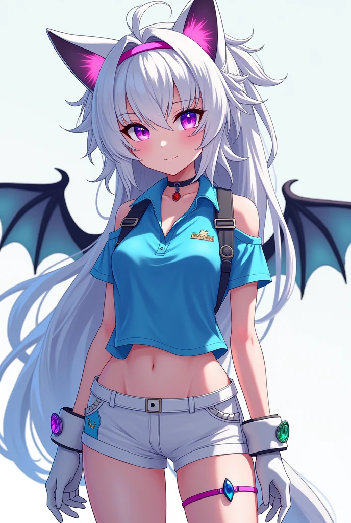 Anime girl age 16 years old with adorable little ears on her head Sonic the hedgehog style and small bat wings style the bat girl from the Sonic series very beautiful and small with a good body tight short shiny blue polo shirt that shows her belly and long straps that show her breasts a little and beautiful fire red high heel boots and shiny white hair and skin and her hair length is down to her back and her eyes are bright and beautiful one purple and the other green and with accessories on her head and on her high heeled boots and tight shorts to her legs almost white with a touch of bright and striking light blue.
