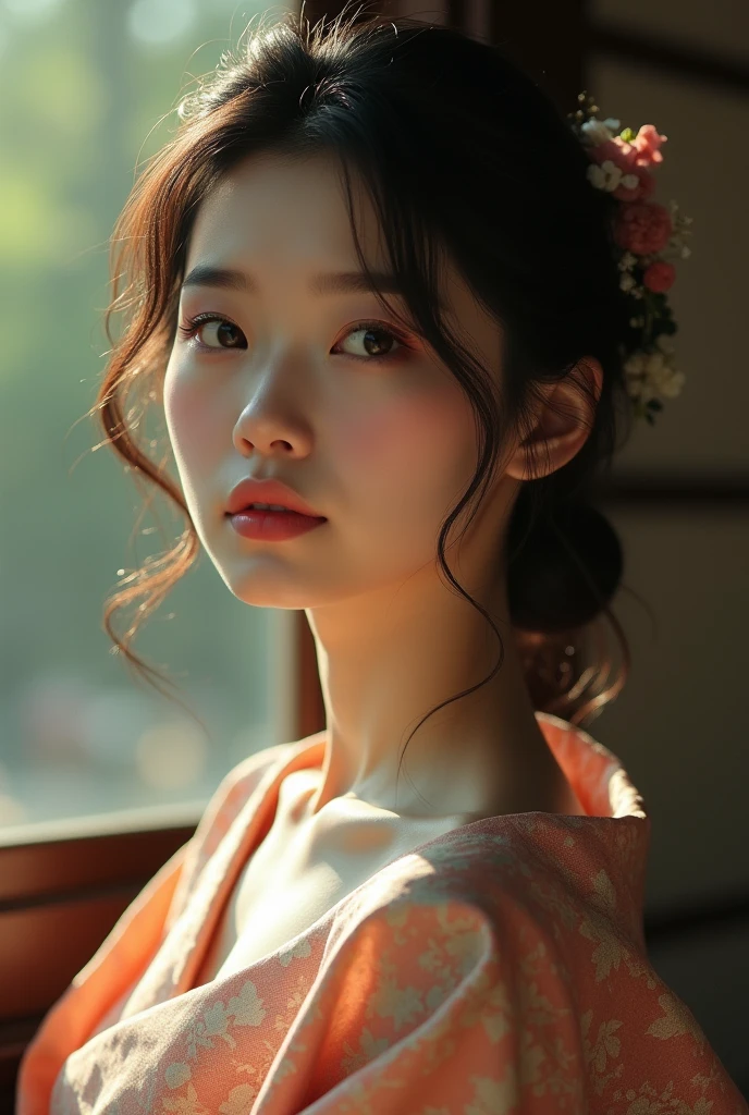An elegantly dressed Japanese woman in natural light、A close-up of her chest and calm expression.、It shows her inner peace and outer charm.。