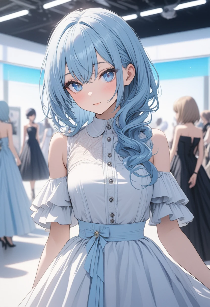 anime girl, pastel blue hair, blue eyes, ultra detailed, HD, beautiful, model clothes