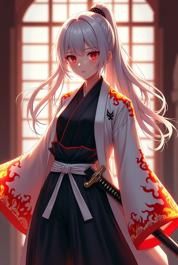 white long hair, red eyes, anime girl, black hakama pants, black shirt uniform, white modern belt, white long sleeve haori with fire patterns, katana on the hips, medium size chest, badass and intimidating, traditional Japanese background