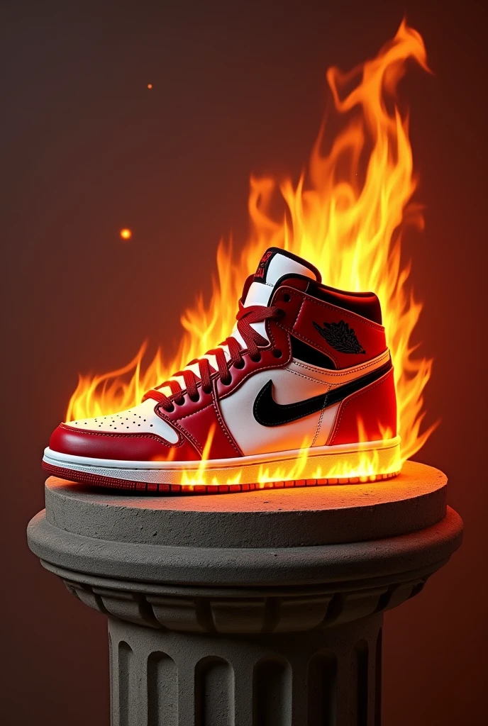 generates an image with the Jordan 1 High shoe on fire on a Roman pedestal