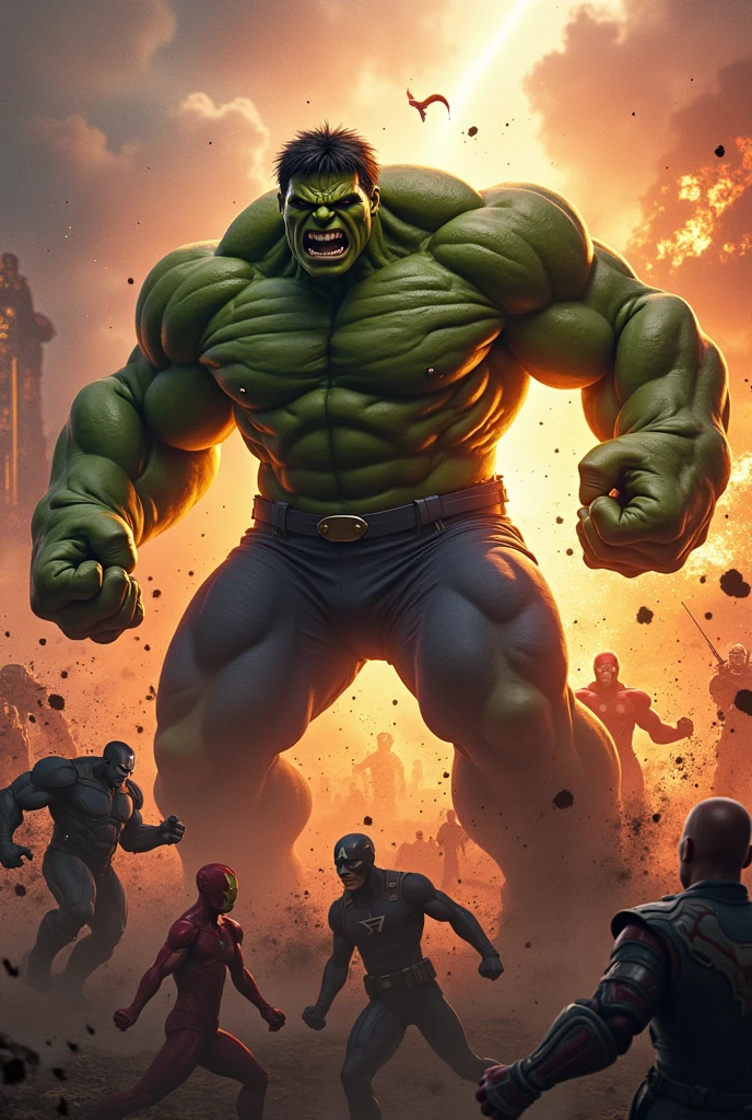 "Hulk is shown in a dominating battle with Thanos, where Hulk's immense power is on full display as he overpowers Thanos. Hulk's massive fists are striking Thanos with unstoppable force, and Thanos is visibly struggling to defend himself. Hulk’s expression is one of sheer rage and unstoppable strength, his muscles bulging as he delivers blow after blow. In the background, the other Avengers like Iron Man, Captain America, and Thor are fighting their own villains, but the primary focus is on Hulk, who is clearly in control of the battle, unleashing his full fury on Thanos. The scene is filled with intense, vivid colors that highlight the sheer power and destructive force of the Hulk."