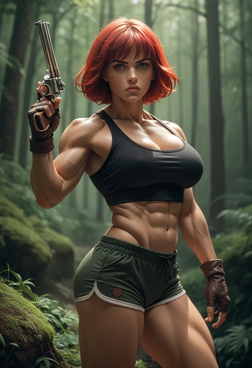 Woman with big breasts, Classic Bob Red Hair,serious look,muscled body,wearing a short tank top showing her belly, wearing gloves,gym shorts, holding a revolver,at a forest