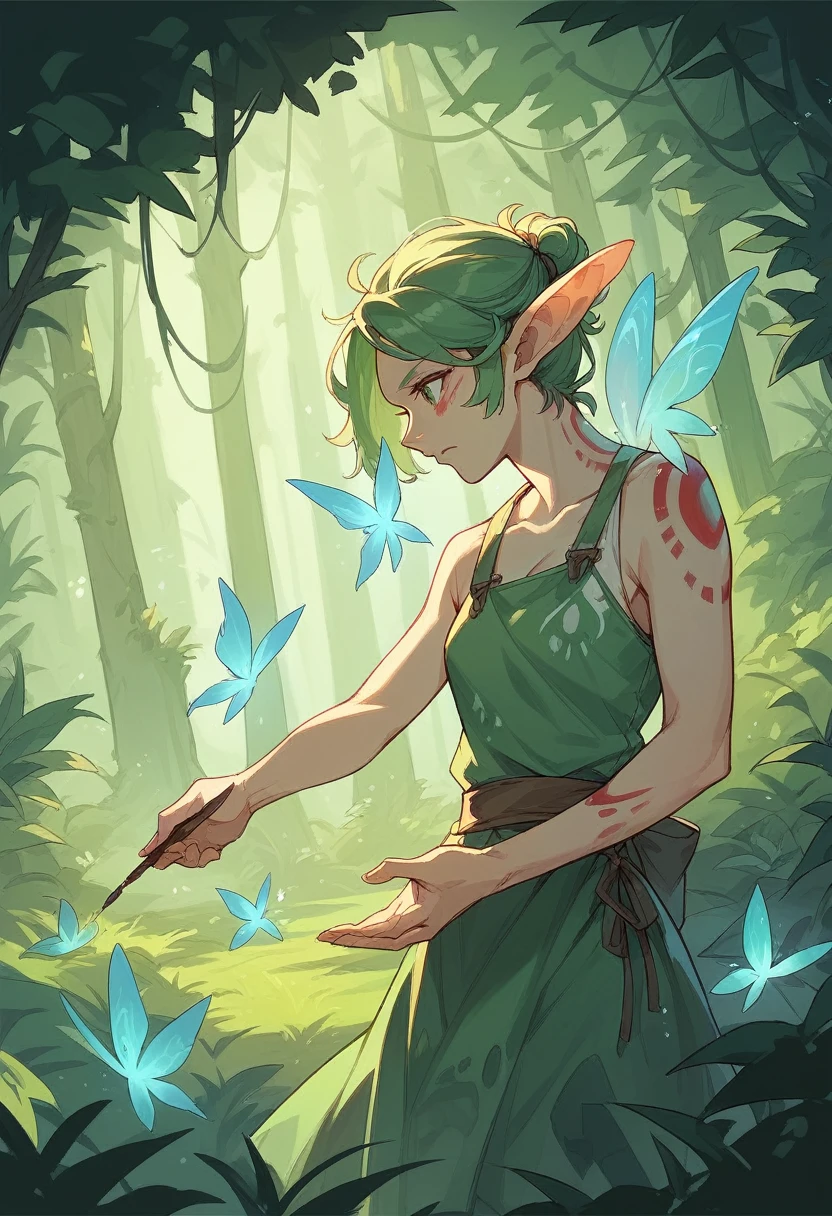 




Description: a magical forest with a woman looking sideways at a fairy in her hand, bottom: Magic Forest, Illustration Style: paint