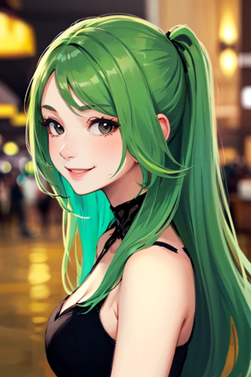 ((masterpiece)), (((best quality))), chromatic lighting,
colorized, green + white limited color palette,
detailed concept drawing,
Street Fashion, at a casino,
portrait, 20yo 1girl, medium soft breasts, slender, long green hair, black eyes, smiling, no weird objects or colors on the face