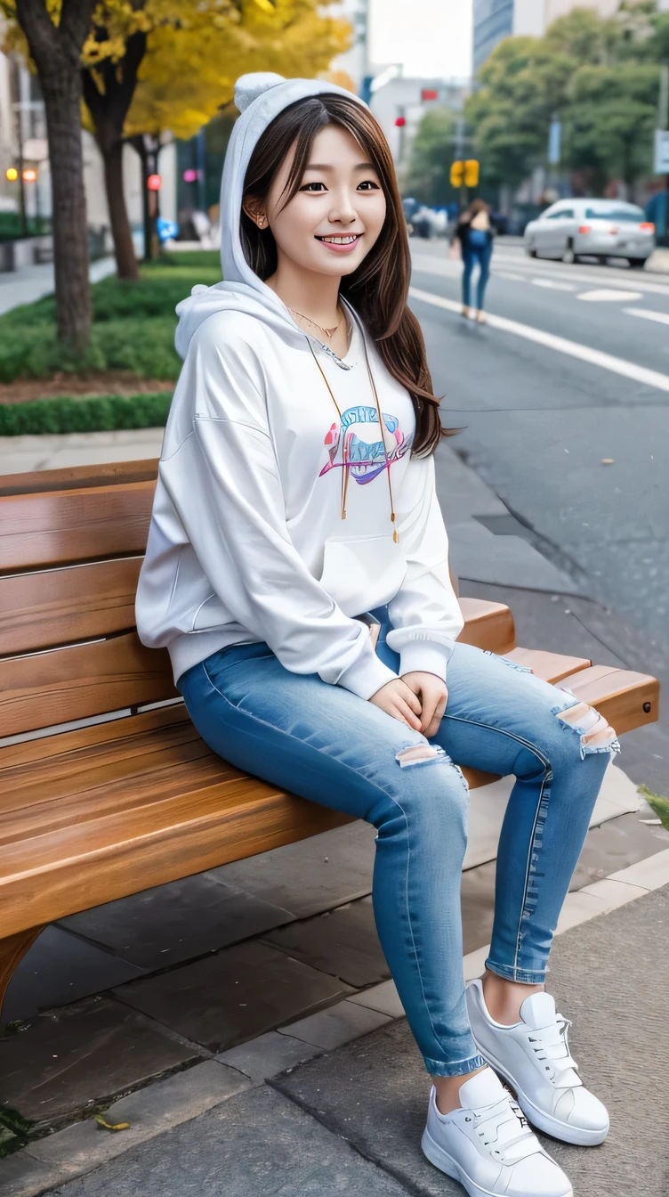 Super Resolution、Beautiful Korean Women、１１Year old girl、Full body photo、sitting on a park bench、、necklace、hoodie、Skinny jeans、sneakers、、smile、Beautiful teeth alignment
