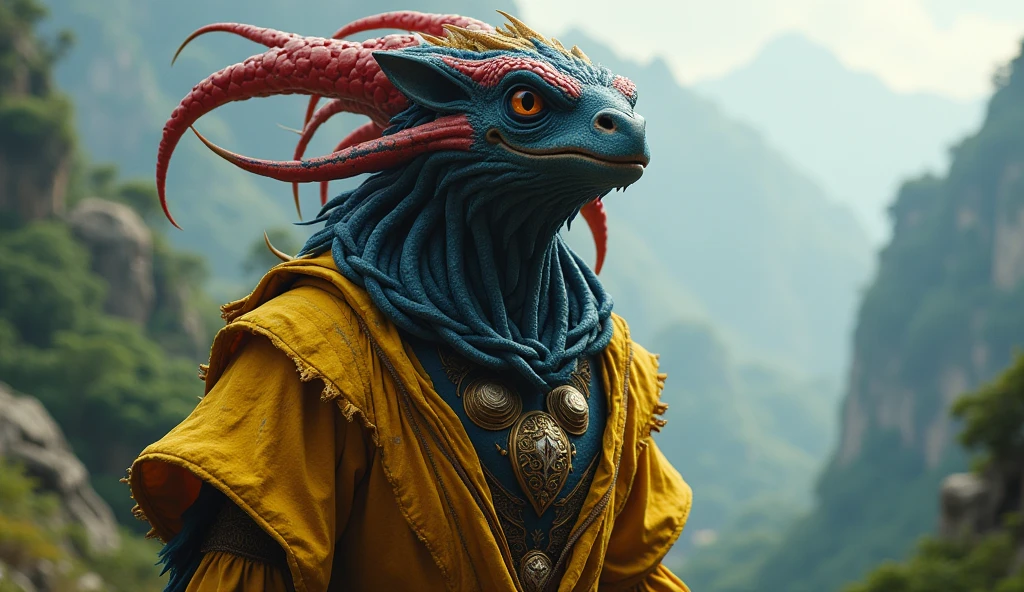 Colombia as a southamerican League of Legend creature in yellow, dark blue and red colors. Intricated clothing. Cinematic Fantasy sci-fi landscape background