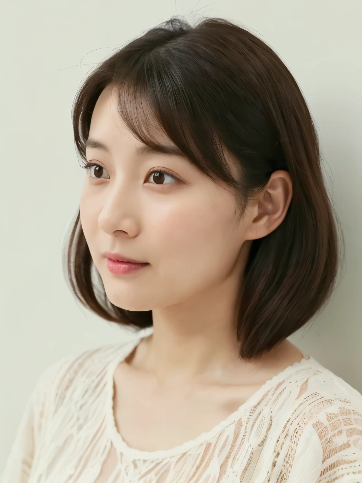 Short sleeve shirt、４０A slightly overweight Japanese woman in her twenties、(White wall in the background、Close ~ eyes)、profile、Photographed in front of a white wall、Layered Cut、Very delicate hair、(In a room with white walls and windows)、((Highest quality、8k、masterpiece:1.3))、Ultra-high resolution、(photoGenuineistic:1.4)、RAW Photos、Japanese,(detailed aspects)、Genuine、Photographed in natural light、Highly detailed face and skin texture、Highly detailed lips、The correct state of the human body、Medium Hair、Bob、Various poses、Natural color lip