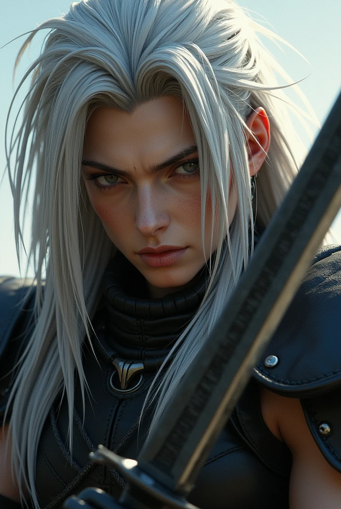 a close up of a person in a leather coat holding a sword, sephiroth, sephiroth from final fantasy, a photo of sephiroth, from final fantasy, in leather armor, fantasy leather clothing, final fantasy character, thancred waters in style of wlop, with a light leather armor, style of final + fantasy + 1 5