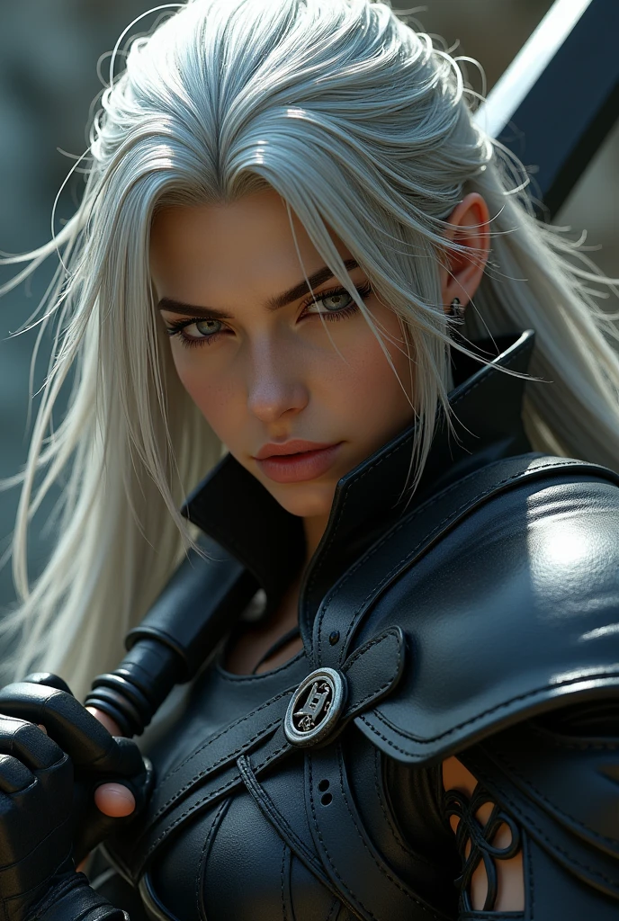 a close up of a person in a leather coat holding a sword, sephiroth, sephiroth from final fantasy, a photo of sephiroth, from final fantasy, in leather armor, fantasy leather clothing, final fantasy character, thancred waters in style of wlop, with a light leather armor, style of final + fantasy + 1 5