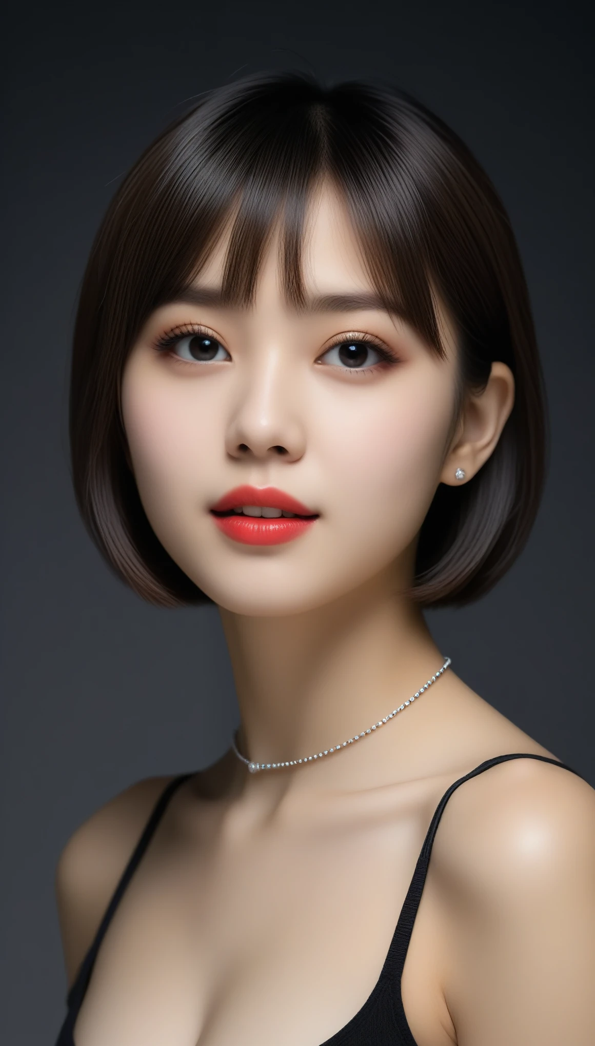 8k, Ultra-high resolution, Highest quality, masterpiece, 三分割法によるphotograph,Surreal, photograph, 1 Girl, (16 years old:1.3), pretty girl, Cute Face, 細部までBeautiful Eyes, 細かくdetailedに,masterpiece,One Girl:1.2,Japanese female announcer,close up,smile,Black Hair,Bowl cut(Ultra-realistic) , (figure), (Increase the resolution), (8k), (非常にdetailedな), (best figure), (Beautiful attention to detail), (Highest quality), (非常にdetailedな), (masterpiece), (wallpaper), (detailedな顔), alone,1 girl, Looking at the audience, Subtle details, detailedな顔s, In the Dark, Deep Shadow, Modest,Pure Erotic Face Ace_v1, smile,Attractive girl、16 years old、(Perfect female body:1.4)、(女の子のポートレートphotograph:1.4)、(Photorealistic images:1.4),Fantasy art,(Beautiful Face:1.4),Beautiful and attractive eyes、Beautiful Eyes、(Tight waist:1.4)、(9 Beautiful girls with perfect body proportions:1.4),Red lips,(choker:1.4),Looking at the audience,(((Ideal body type))),A-cup small breasts :2,、Portraiture:2、Perfect Anatomy、鮮明なdetailed、detailed,Fashion magazine cover,Thin lips,Gray background ,完璧でBeautiful Face ,完璧でCute Face, Skin with attention to detail, Perfect limbs、Narrow waist,Looking at the audience,(((Ideal body type))),A cup small breasts :2,Portraiture:2,Perfect Anatomy,鮮明なdetailed,detailed,Surreal,Light and shadow,spotlight