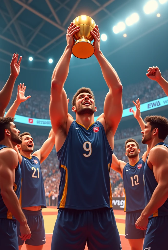 Male volleyball player lifting a trophy with his team 