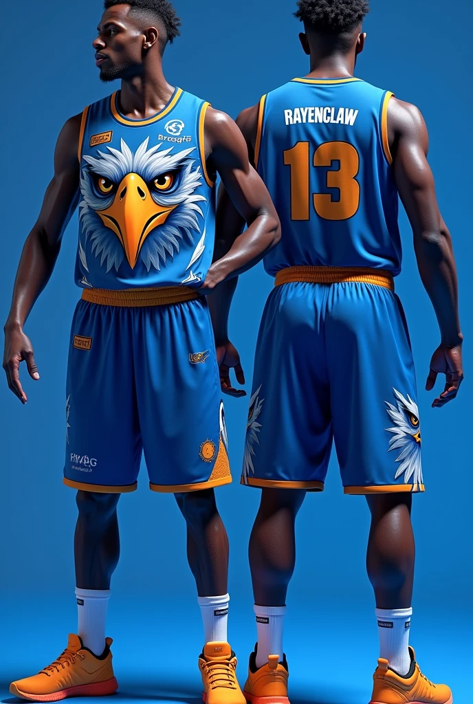 Create a layout for a basketball uniform featuring a blue jersey with a large eagle face design on the front and the team name "Rayvenclaw" prominently displayed. Design the uniform with a back-to-back layout, including the front, back, and side views of both the jersey and matching basketball shorts. Ensure the team name is large and bold on all sides.