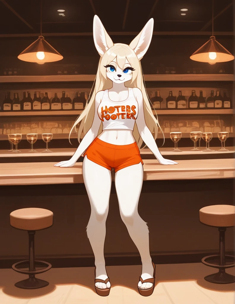 account_9, account_8_ up, account_7_ up, account_6_ up, account_5_ up, account_4_ up, (One), Furry girl, fennec, light fur, long blonde hair, blue eyes, lush breasts, wide hips,Hooters uniform, White Hooters top with logo, orange shorts, sandals, brown shoes, standing with a provocative and mischievous smile, in a porn bar, Highly detailed facial features, extremely detailed eyes and face, beautiful detailed eyes, long eyelashes, Detailed uniform horns, detailed orange shorts, detailed brown sandals, warm lighting, bright colors,