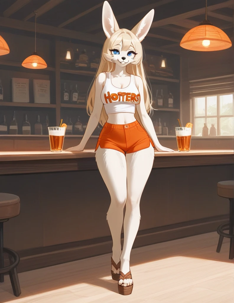account_9, account_8_ up, account_7_ up, account_6_ up, account_5_ up, account_4_ up, (One), Furry girl, fennec, light fur, long blonde hair, blue eyes, lush breasts, wide hips,Hooters uniform, White Hooters top with logo, orange shorts, sandals, brown shoes, standing with a provocative and mischievous smile, in a porn bar, Highly detailed facial features, extremely detailed eyes and face, beautiful detailed eyes, long eyelashes, Detailed uniform horns, detailed orange shorts, detailed brown sandals, warm lighting, bright colors,