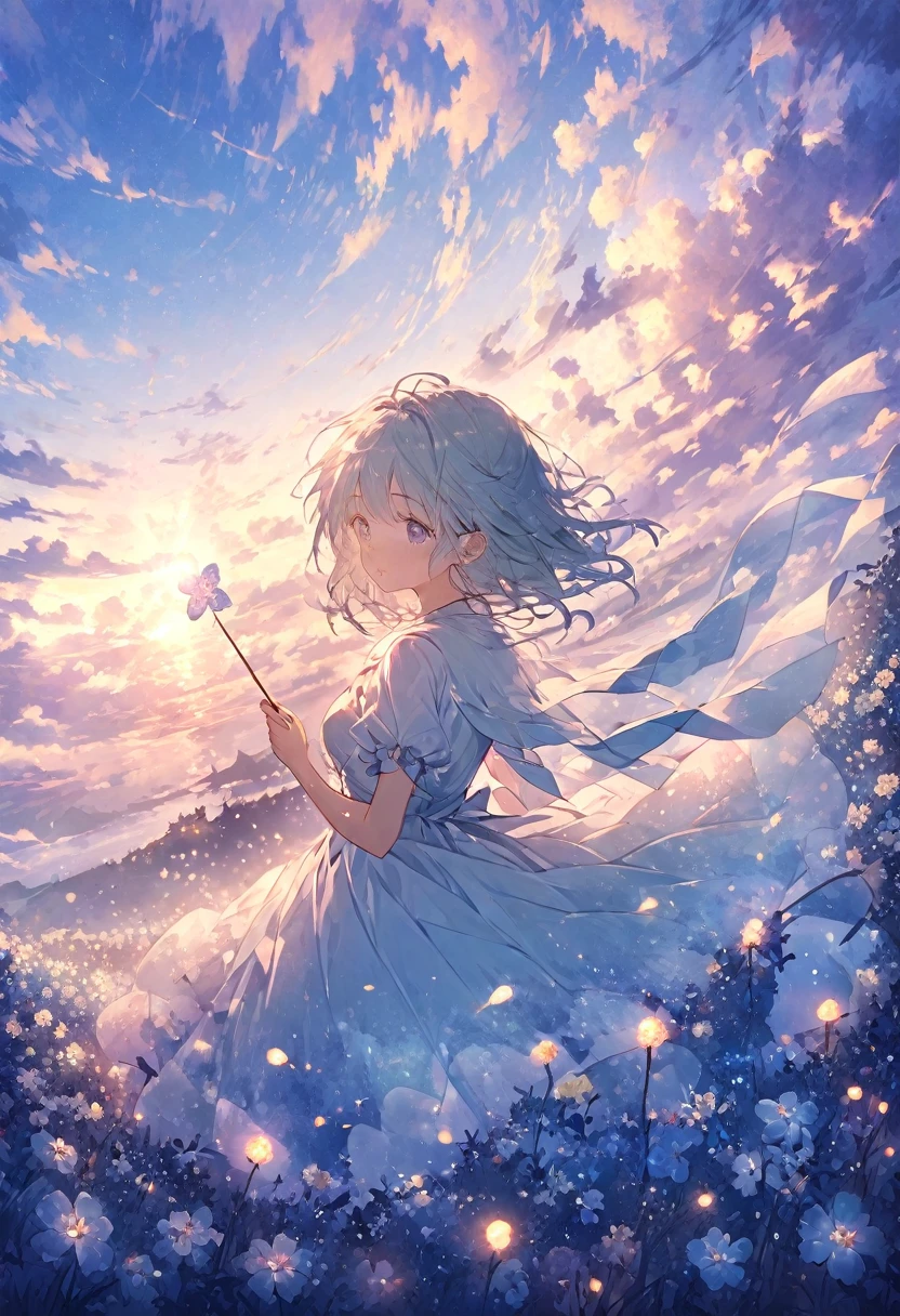 Blue sky, white clouds floating in the distance, a  standing on a flower sea, holding a fairy wand in her hand to summon flying fireflies around her. The background is full of large and small cloud flowers, creating an atmosphere of fantasy and dreamy blue tones. In the style of a high definition anime, with high resolution. A panoramic view from above, capturing the vastness of nature. Soft lighting creates a warm feeling.