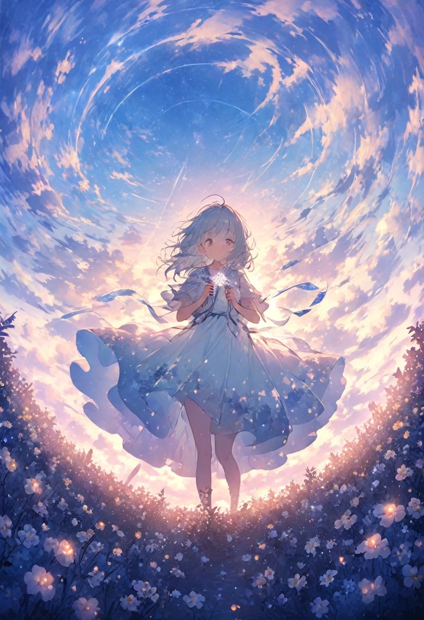 Blue sky, white clouds floating in the distance, a standing on a flower sea, holding a fairy wand in her hand to summon flying fireflies around her. The background is full of large and small cloud flowers, creating an atmosphere of fantasy and dreamy blue tones. In the style of a high definition anime, with high resolution. A panoramic view from above, capturing the vastness of nature. Soft lighting creates a warm feeling.