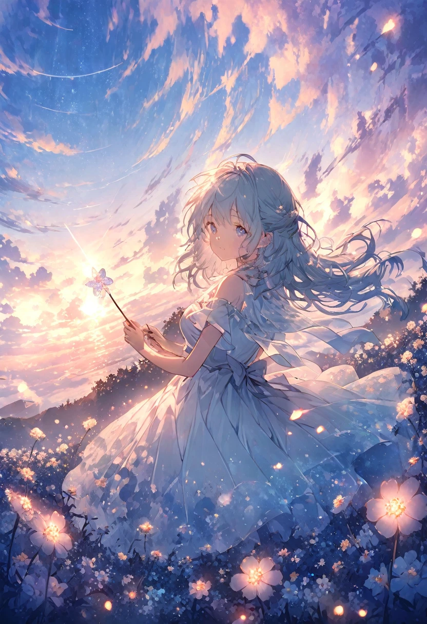 Blue sky, white clouds floating in the distance, a standing on a flower sea, holding a fairy wand in her hand to summon flying fireflies around her. The background is full of large and small cloud flowers, creating an atmosphere of fantasy and dreamy blue tones. In the style of a high definition anime, with high resolution. A panoramic view from above, capturing the vastness of nature. Soft lighting creates a warm feeling.