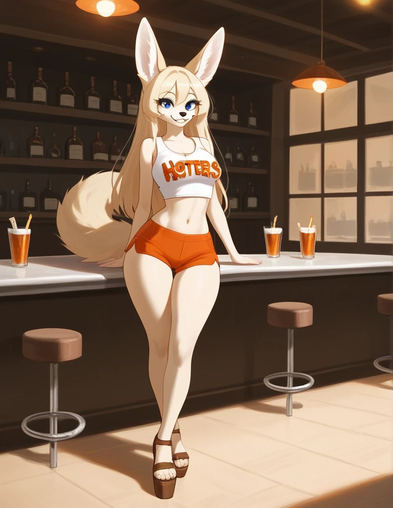 account_9, account_8_ up, account_7_ up, account_6_ up, account_5_ up, account_4_ up, (One), Furry girl, fennec, light fur, long blonde hair, blue eyes, lush breasts, wide hips,Hooters uniform, White Hooters top with logo, orange shorts, sandals, brown shoes, standing with a provocative and mischievous smile, in a porn bar, Highly detailed facial features, extremely detailed eyes and face, beautiful detailed eyes, long eyelashes, Detailed uniform horns, detailed orange shorts, detailed brown sandals, warm lighting, bright colors,