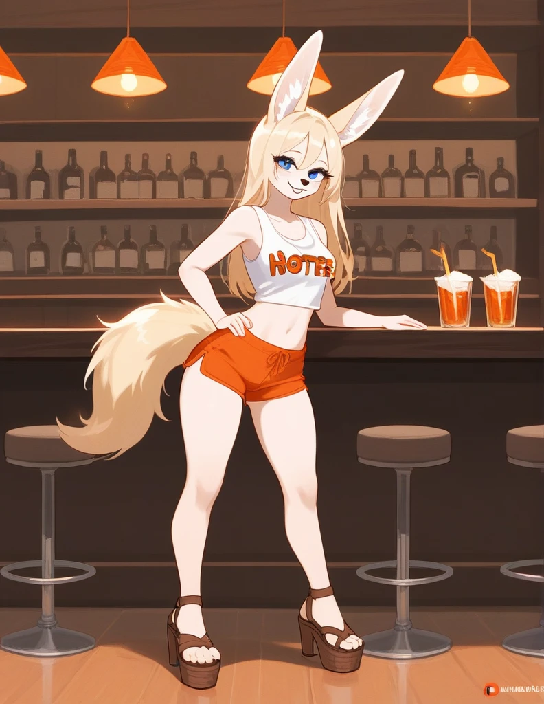 account_9, account_8_ up, account_7_ up, account_6_ up, account_5_ up, account_4_ up, (One), Furry girl, fennec, light fur, long blonde hair, blue eyes, lush breasts, wide hips,Hooters uniform, White Hooters top with logo, orange shorts, sandals, brown shoes, standing with a provocative and mischievous smile, in a porn bar, Highly detailed facial features, extremely detailed eyes and face, beautiful detailed eyes, long eyelashes, Detailed uniform horns, detailed orange shorts, detailed brown sandals, warm lighting, bright colors,