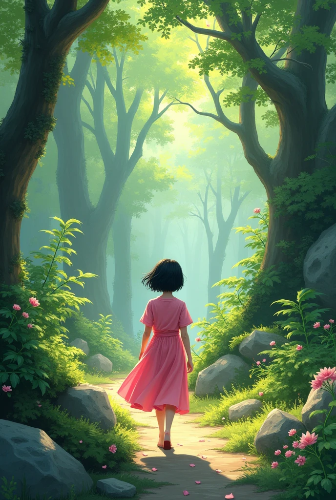 Short-haired girl in a pink dress walking alone through a Japanese forest 