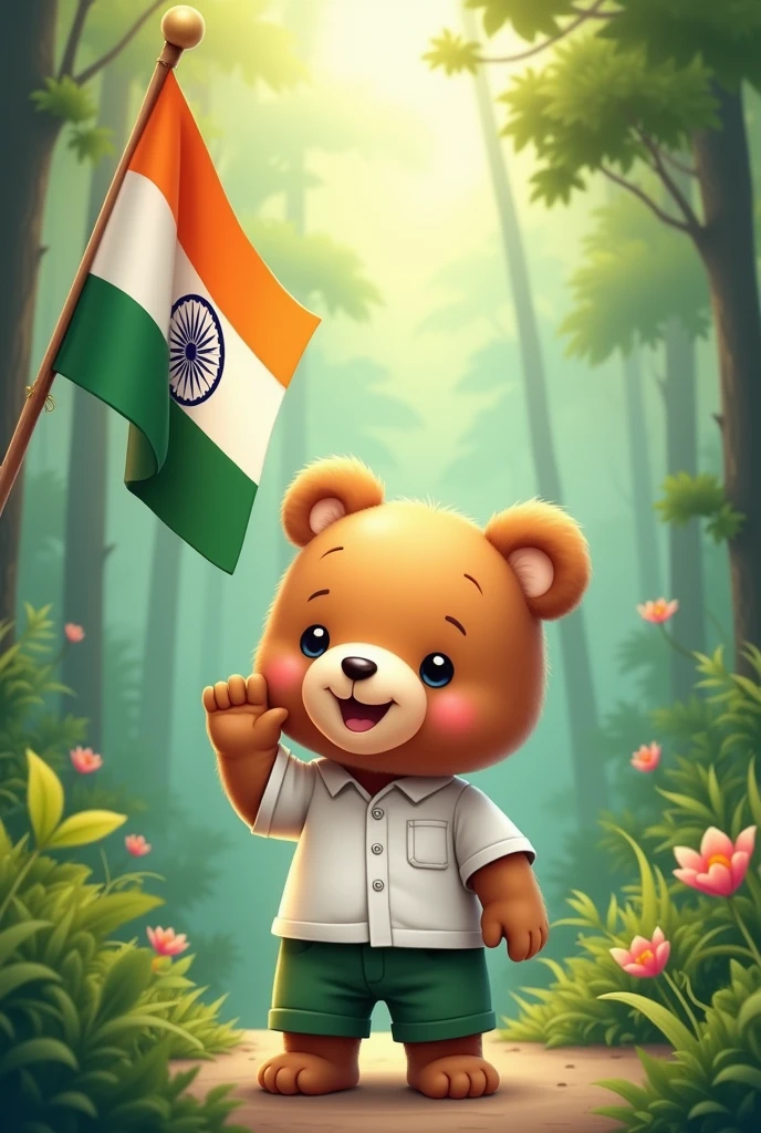 Cute bear jo white shirt and gree pant pahana ho
Tiranga ke neeche apna sir jhukata hai baground jungle
