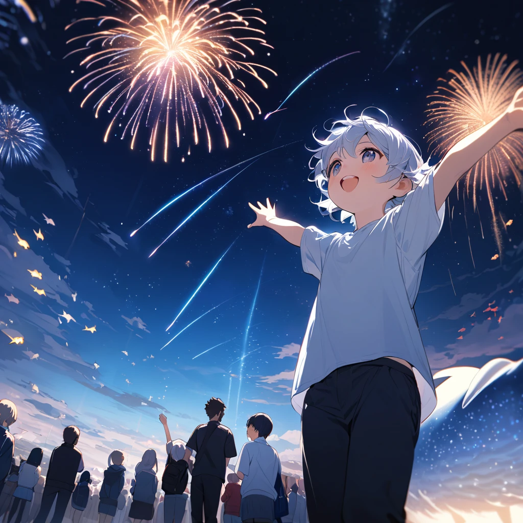 whole body ,From below ,Raised his arms in the air ,Particles of light ,Long and tired rando hair ,Sideburns , Gradient Eye ,look up ,Teen ,Happy ,Seraphim ,{{{masterpiece}}}, {{{Highest quality}}}, {{Very detailed}}, {figure}, {{Very delicate and beautiful}},night,Flying dolphins, beluga,Absurd,employment,Super detailed, 6 years old,{{{{{bubble}}}}},Sea of stars, shooting star, School of fish,contrast,local,firework:2,