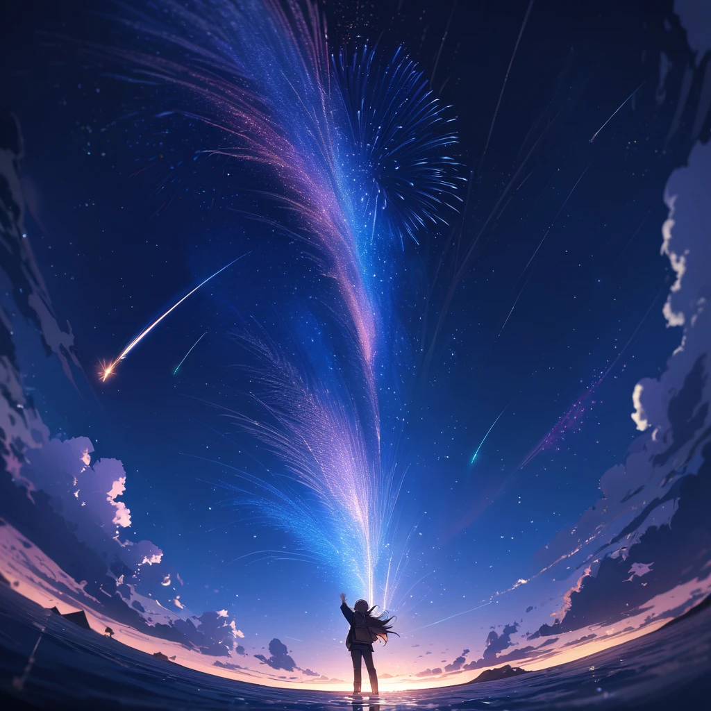whole body ,From below ,Raised his arms in the air ,Particles of light ,Long and tired rando hair ,Sideburns , Gradient Eye ,look up ,Teen ,Happy ,Seraphim ,{{{masterpiece}}}, {{{Highest quality}}}, {{Very detailed}}, {figure}, {{Very delicate and beautiful}},night,Flying dolphins, beluga,Absurd,employment,Super detailed, 6 years old,{{{{{bubble}}}}},Sea of stars, shooting star, School of fish,contrast,local,firework:2,