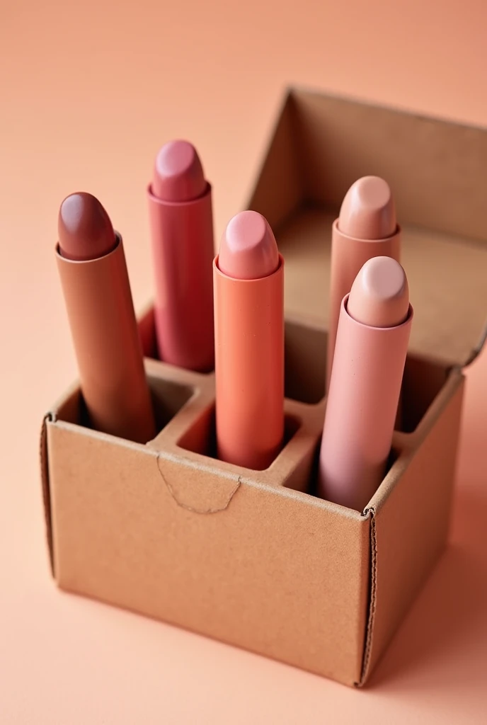 A cardboard box with eye makeup sticks inside. The makeup tones are salmon-colored, Pink, pastel orange.