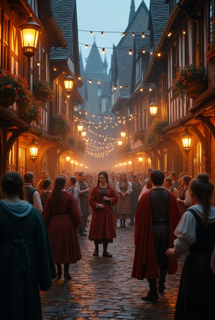 A medieval party in the alleys of a village at night