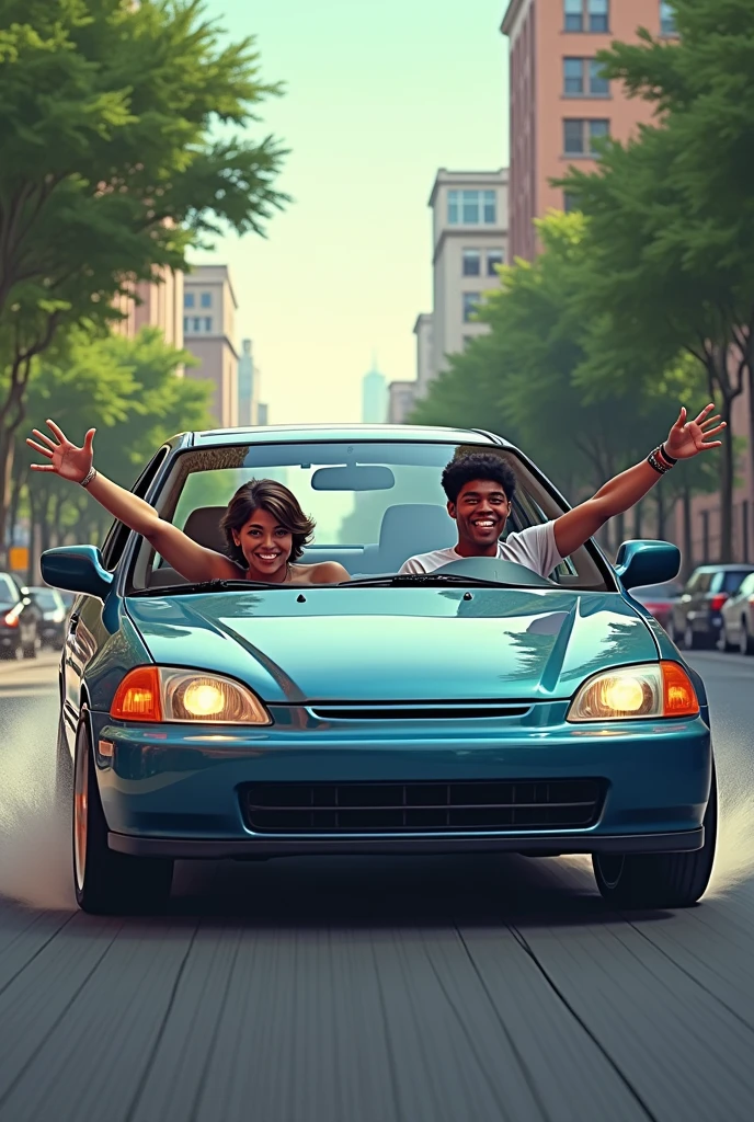 A 1999 Honda Civic (four doors), with the car moving on an urban street. The car is equipped with chrome sports wheels and a classic period paint job., perhaps in a metallic blue or silver tone. Windows are open, and the two occupants in the front seats are enjoying the loud music, with arms out of the windows. The person in the driver's seat is holding the steering wheel with one hand, while the other hand is out the window in style. The person in the passenger seat also has one arm out., Showing confidence and attitude. The street is typical of a city, with some trees and buildings in the background, giving an authentic 2000s vibe.