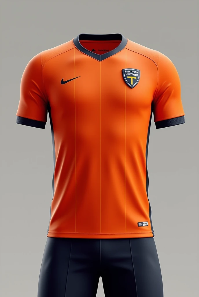Customize soccer uniform in primary orange color with 4 thin vertical navy blue stripes, black shorts and shield on the left side of the chest with the word bela vista written on it