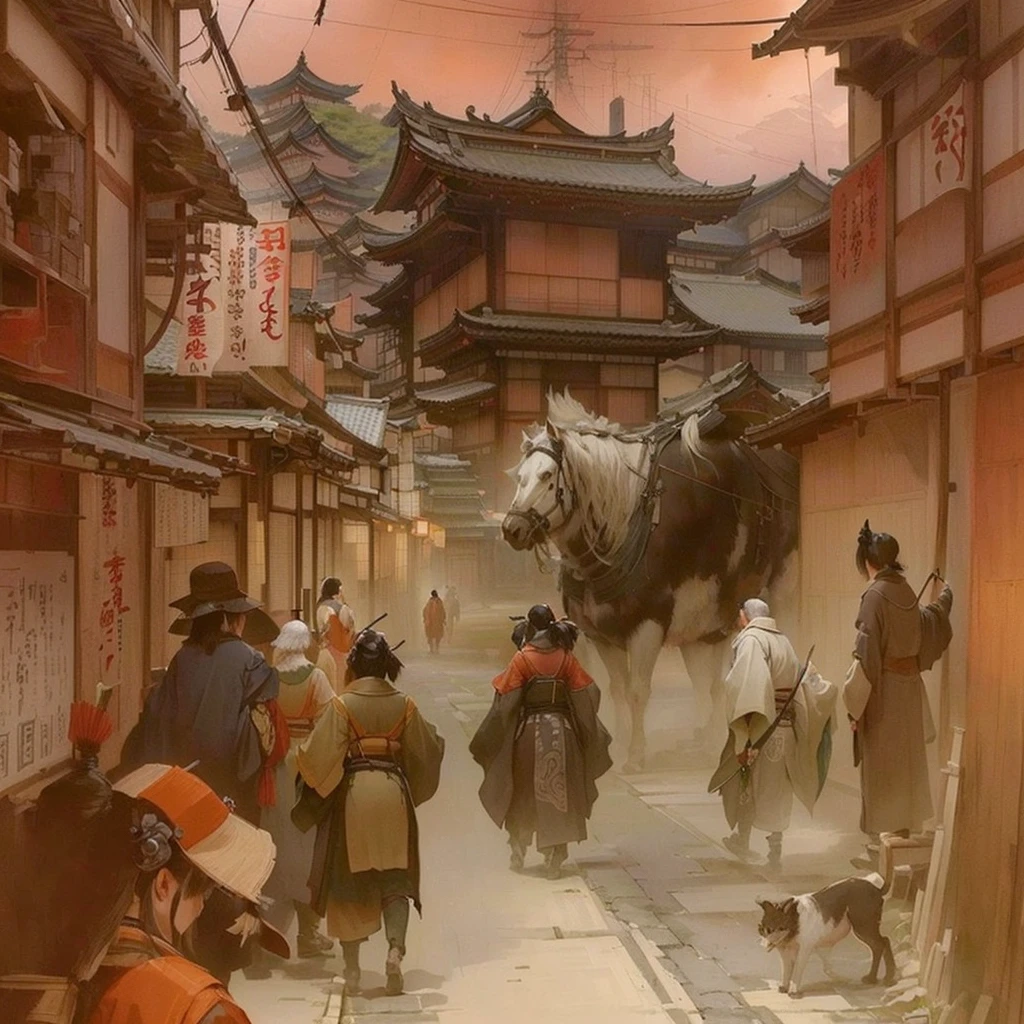 People in the center々Cityscape with animals, by Kamisaka Sekka, Traditional Japanese concept art, Old Asian Village, Video game concept art, concept art scene, Japanese Street, cinematic concept art, Japanese Village, feudal japan art, Concept work, Japan Streets, Concept Painting, or period, Professional Concept Art, Or how to do it